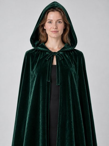 Hooded Cape Cloak in Dark Green Velvet