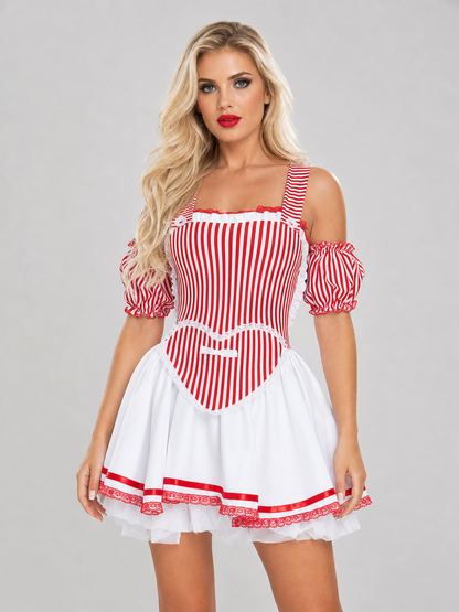 Cosplay costume dress with a striped bodice