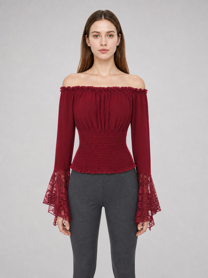 Off-Shoulder Blouse with Lace Cuffs