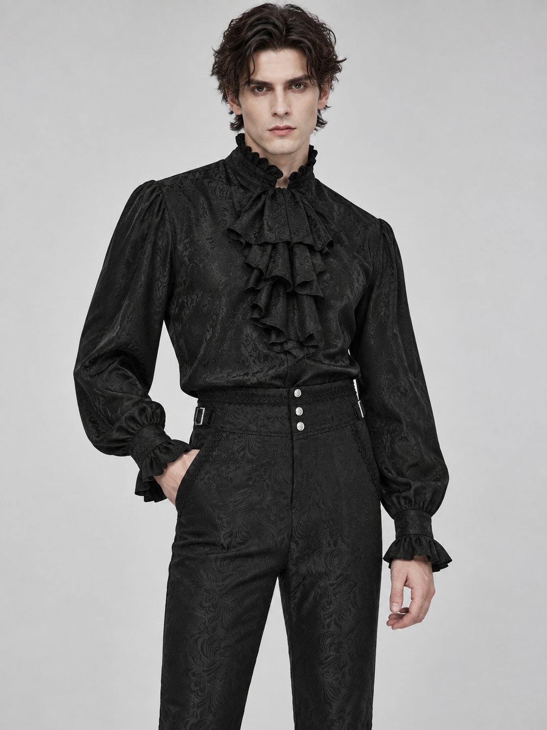 Black cosplay pants with a raised pattern