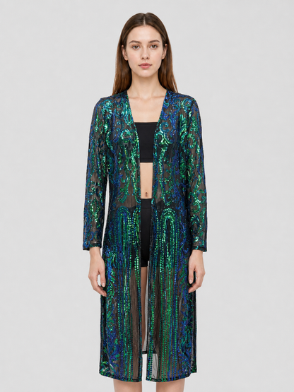 Long Sequin and Embroidered Open-Front Cardigan