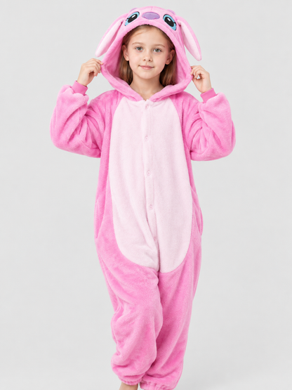 Hooded Pajama Jumpsuit with Ears, Cartoon Print
