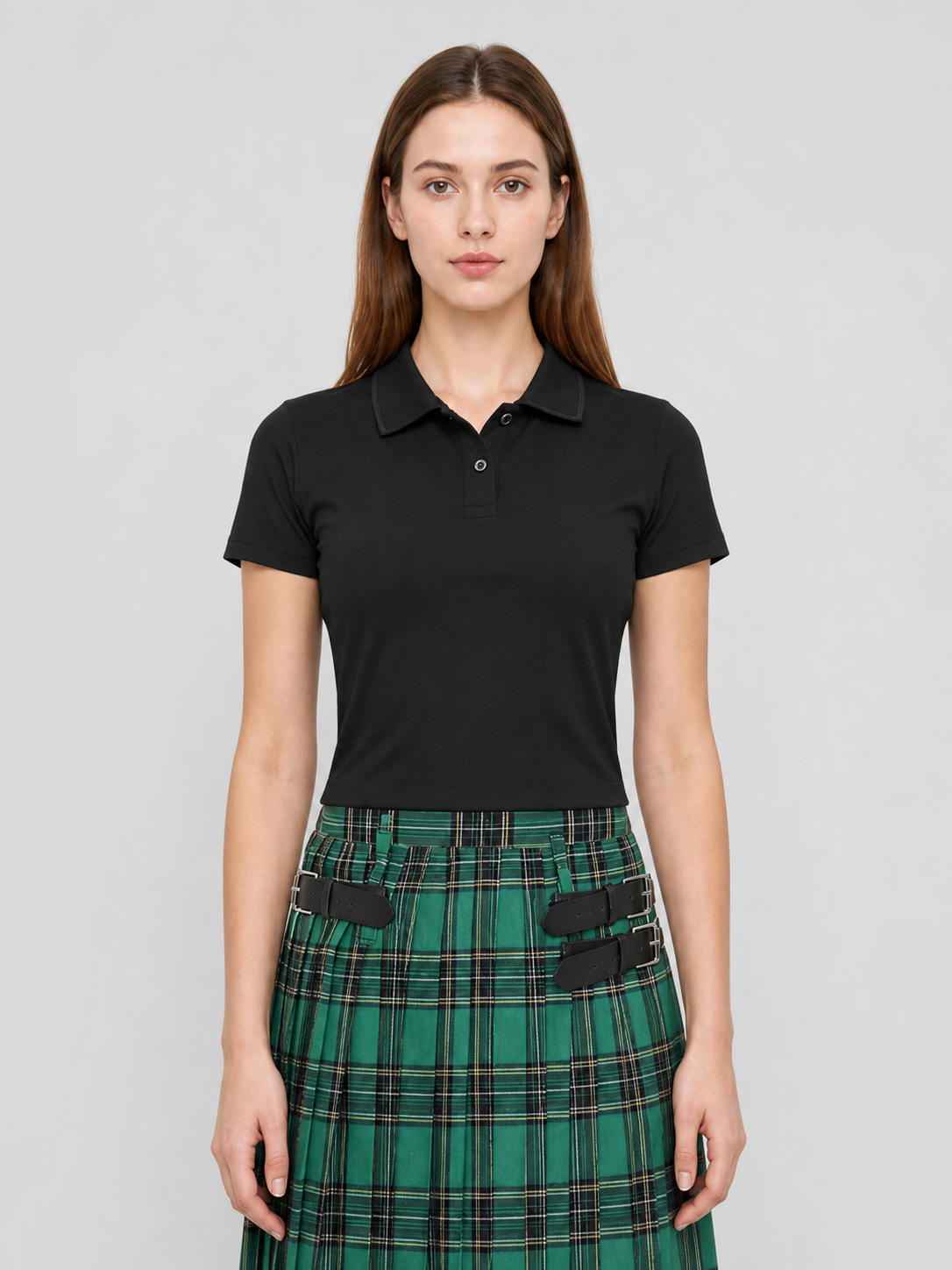 Green Plaid Pleated Skirt with Buckles product detail
