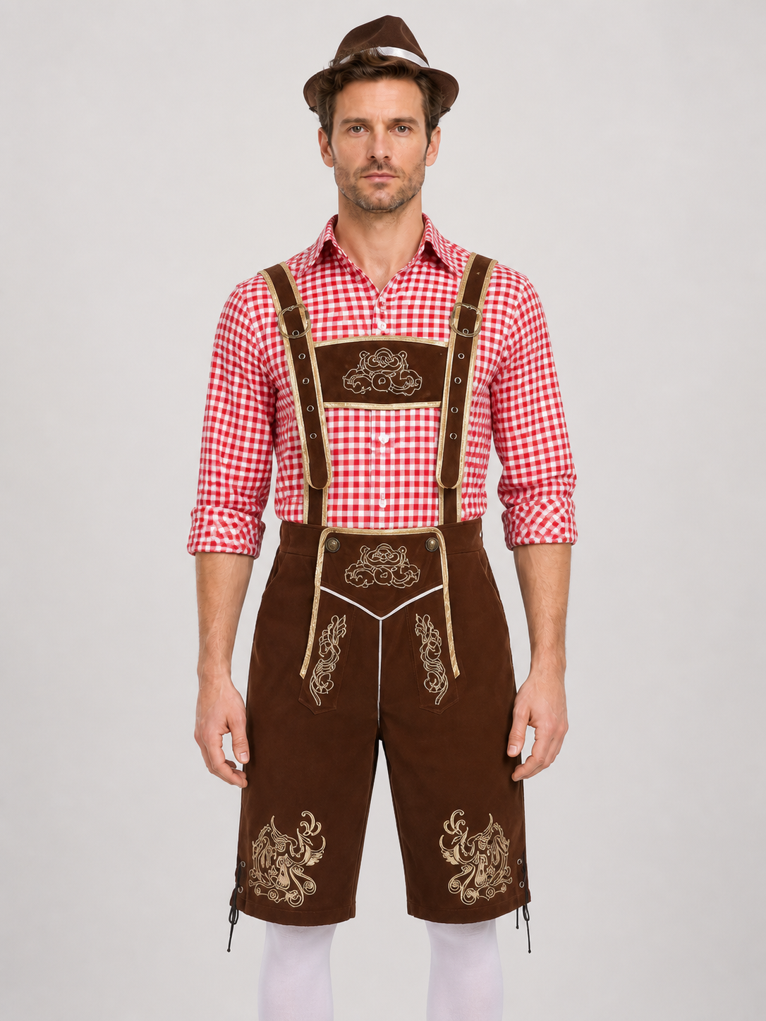 Bavarian Costume with Embroidery: Shirt, Shorts, and Hat Costume Headwear detail 3