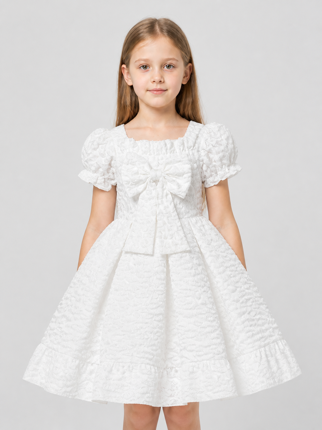 White Princess Dress with Puffy Sleeves and Bow Costume Dresses detail 3