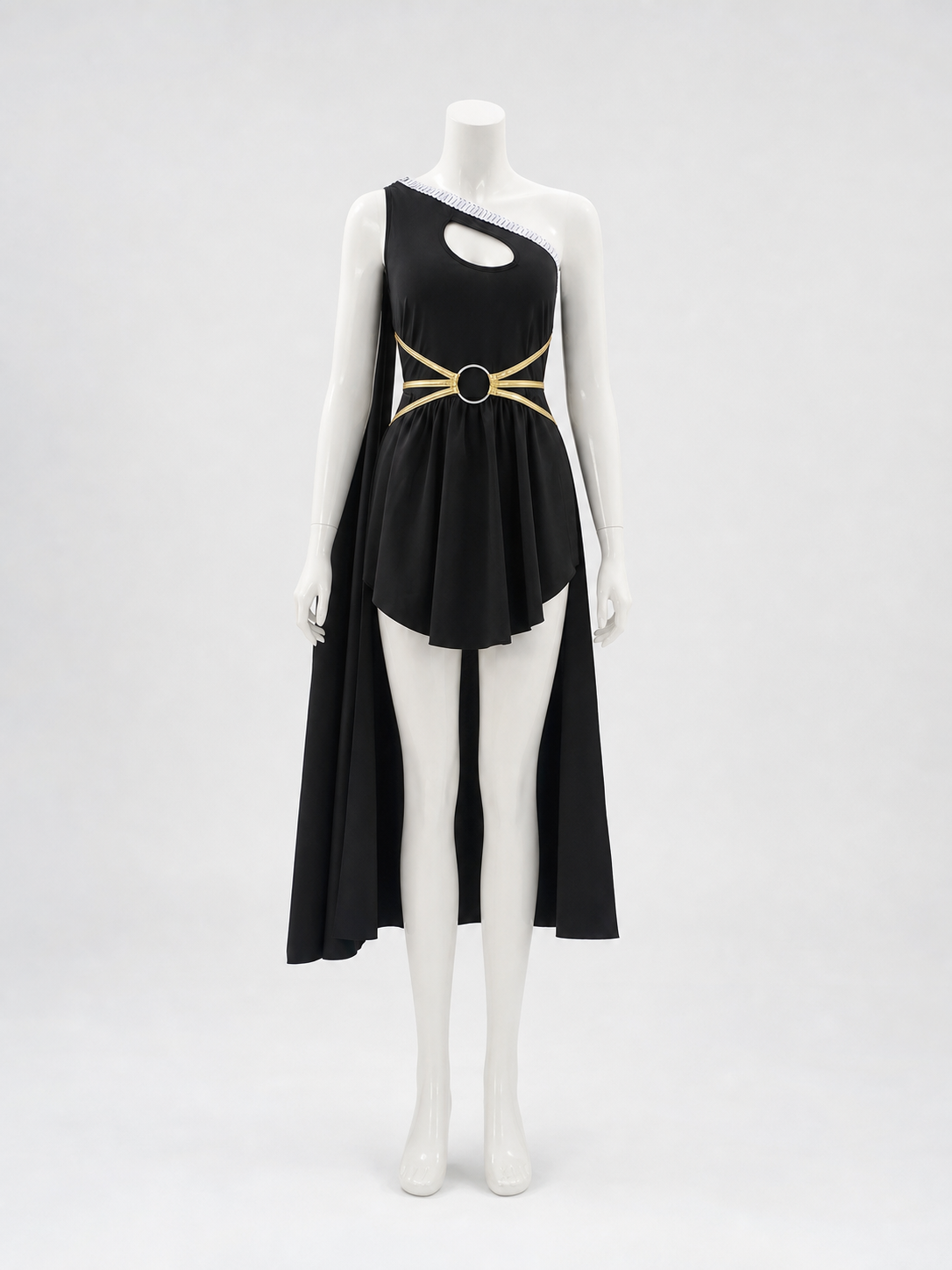 Stage costume with cape and gold-colored embellishments
