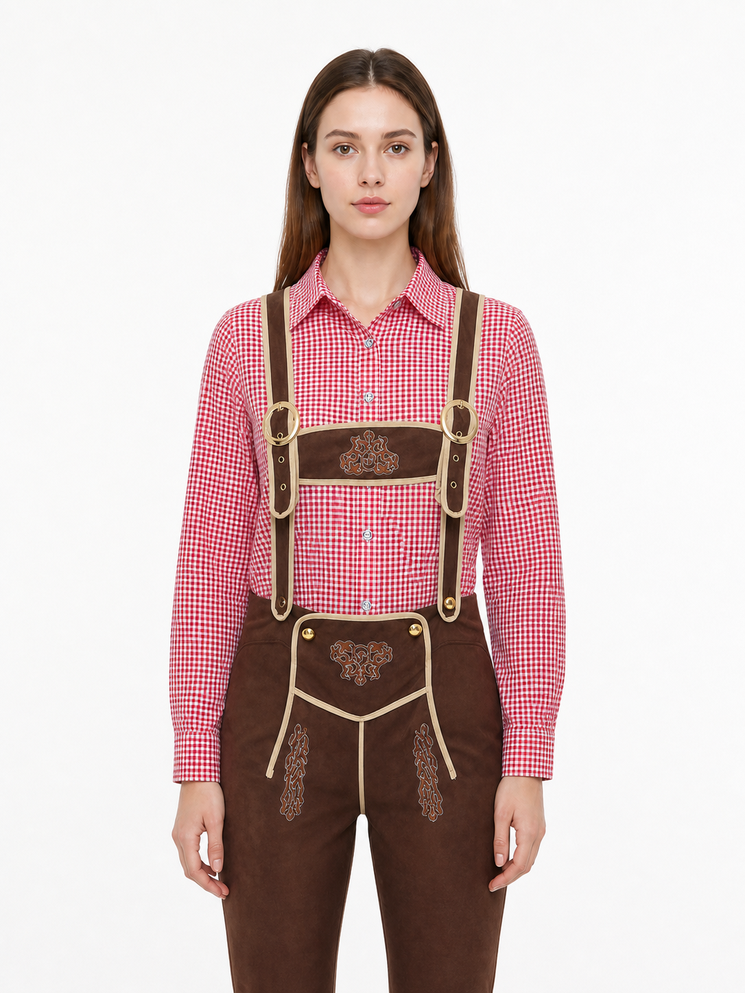 Bavarian Costume with Suspenders and Plaid Shirt upper body view