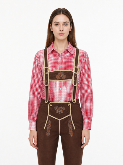 Bavarian Costume with Suspenders and Plaid Shirt upper body view
