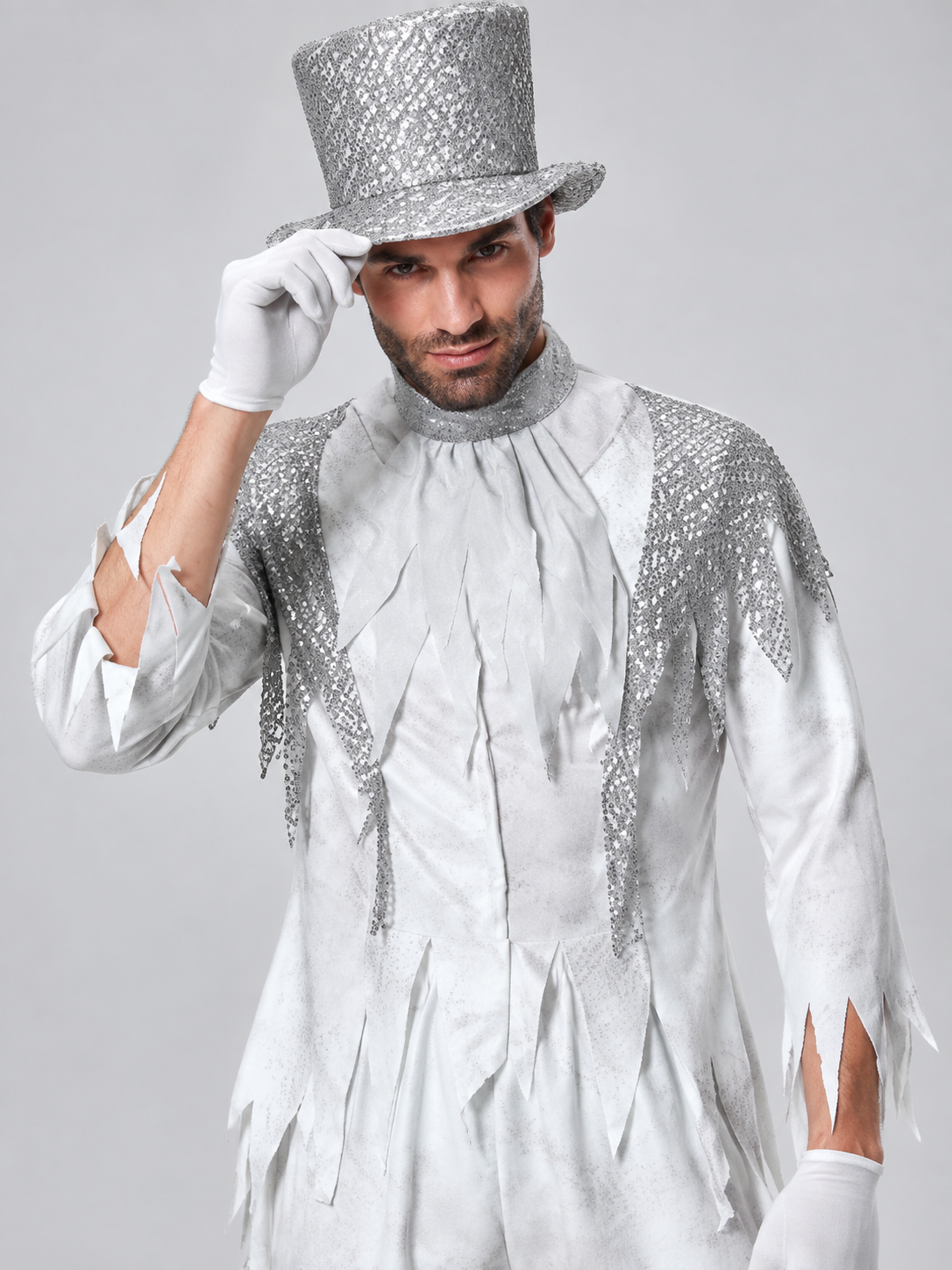 White vampire carnival costume with top hat and gloves