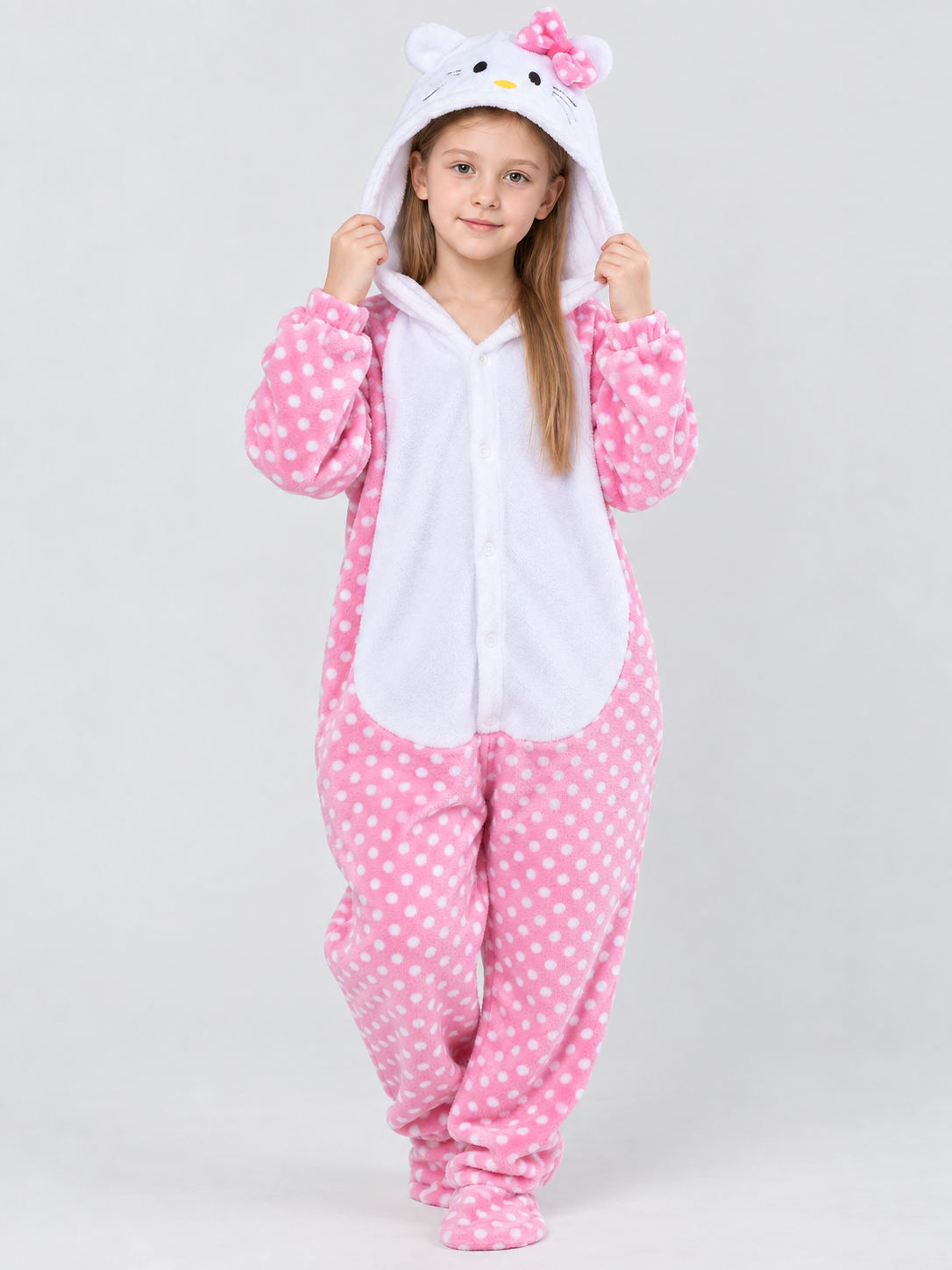 Kids' Flannel Fleece Hooded Pajama Jumpsuit with Ears, Pink and White
