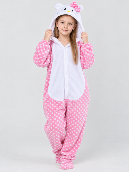 Kids' Flannel Fleece Hooded Pajama Jumpsuit with Ears, Pink and White