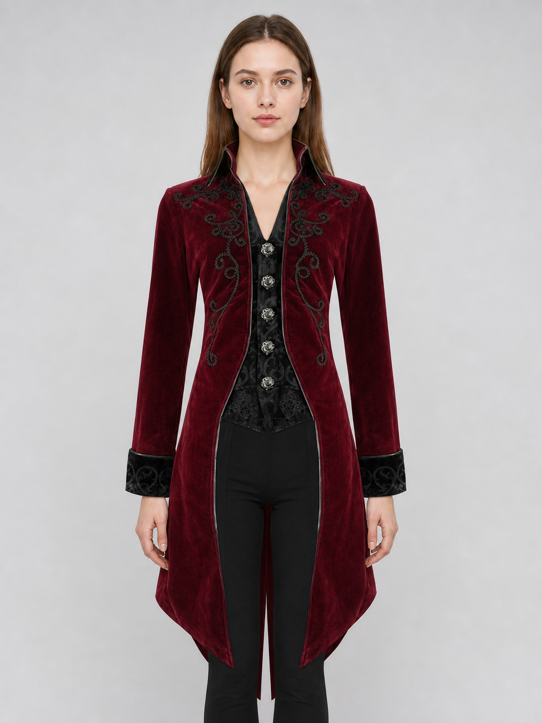 Embroidered Tailcoat, Burgundy with Black