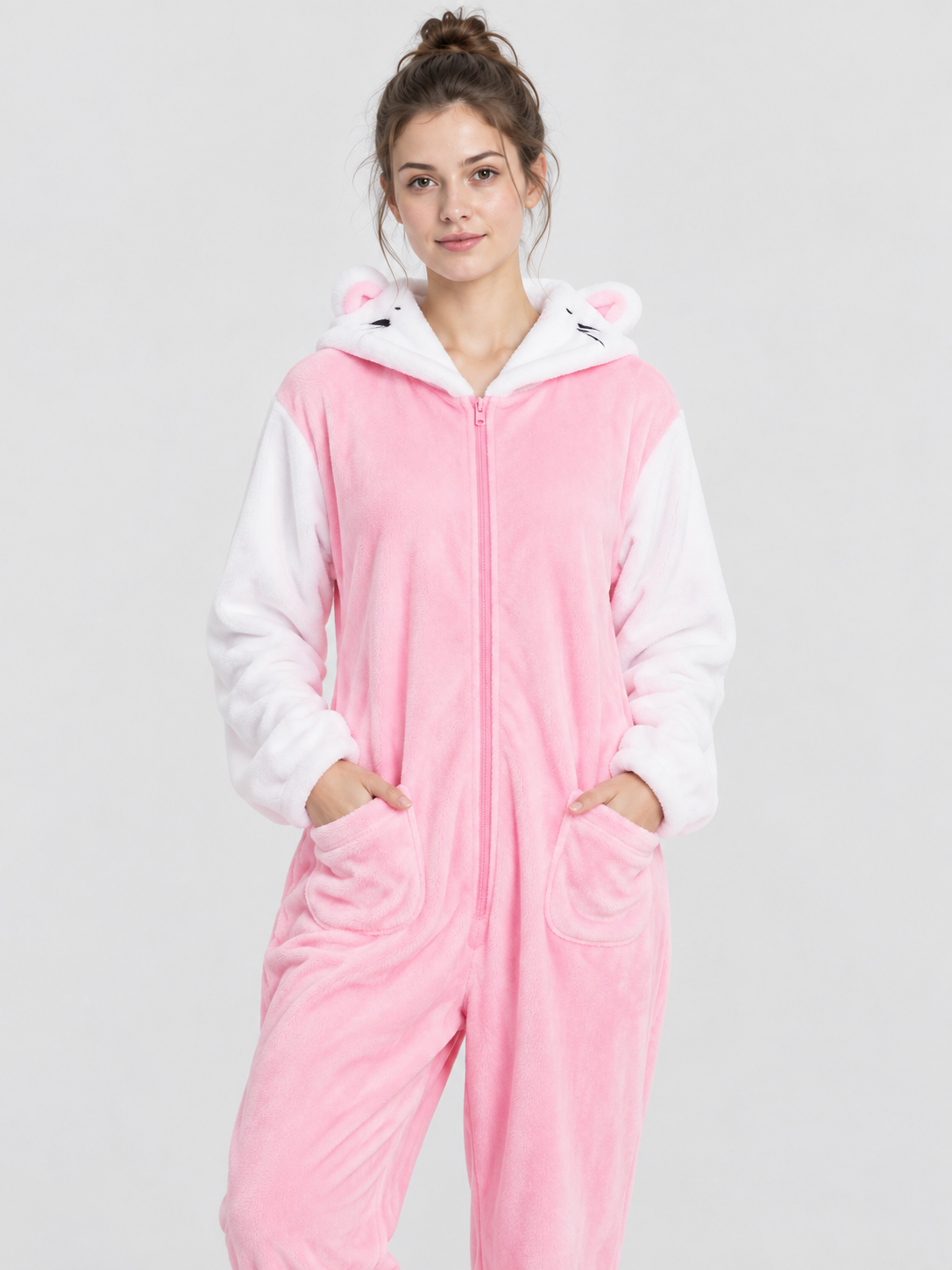 Pink Fleece Hooded Pajama Jumpsuit with Ears
