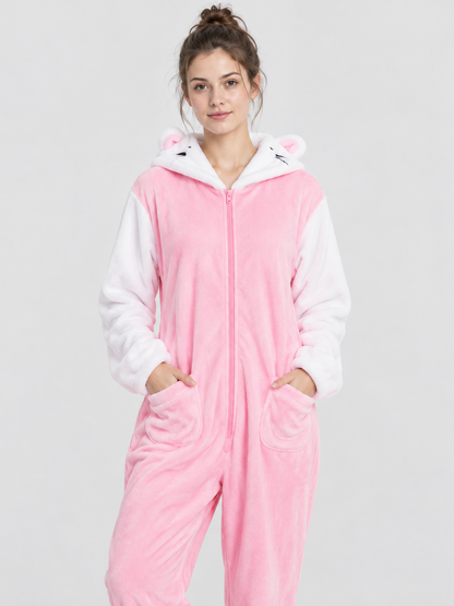Pink Fleece Hooded Pajama Jumpsuit with Ears