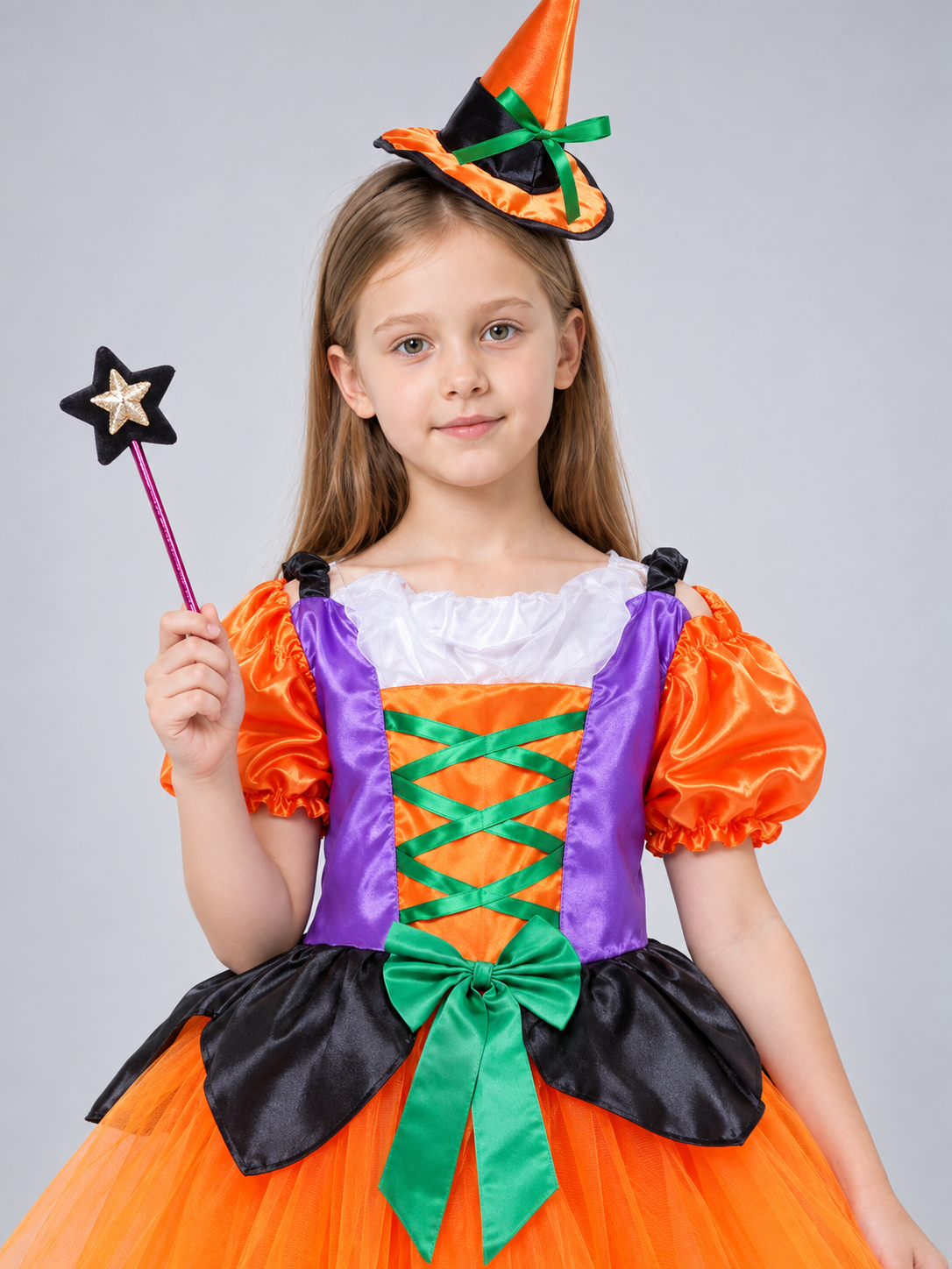 Witch Halloween Costume with Dress, Hat, and Wand