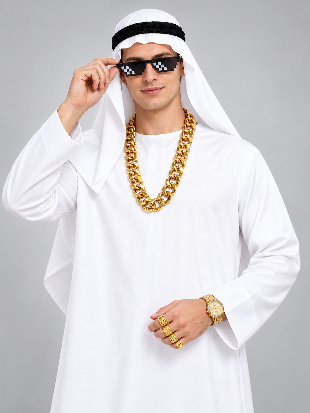 Traditional white shirt with headwear and glasses