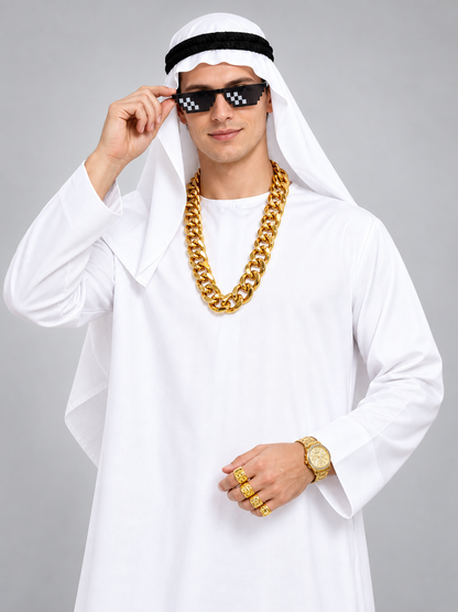 Traditional white shirt with headwear and glasses
