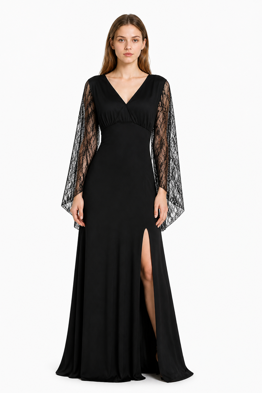 Black Dress with a V-Neck and Lace Sleeves Costume Dresses detail 3