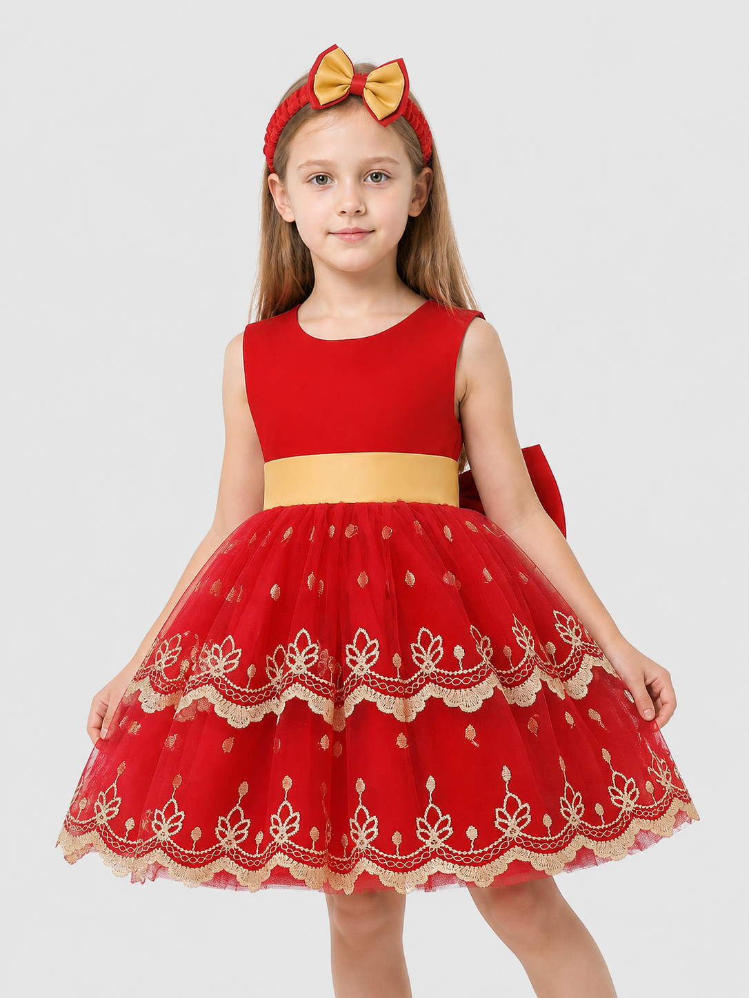 Children’s princess dress with a full skirt and gold embroidery product detail 3