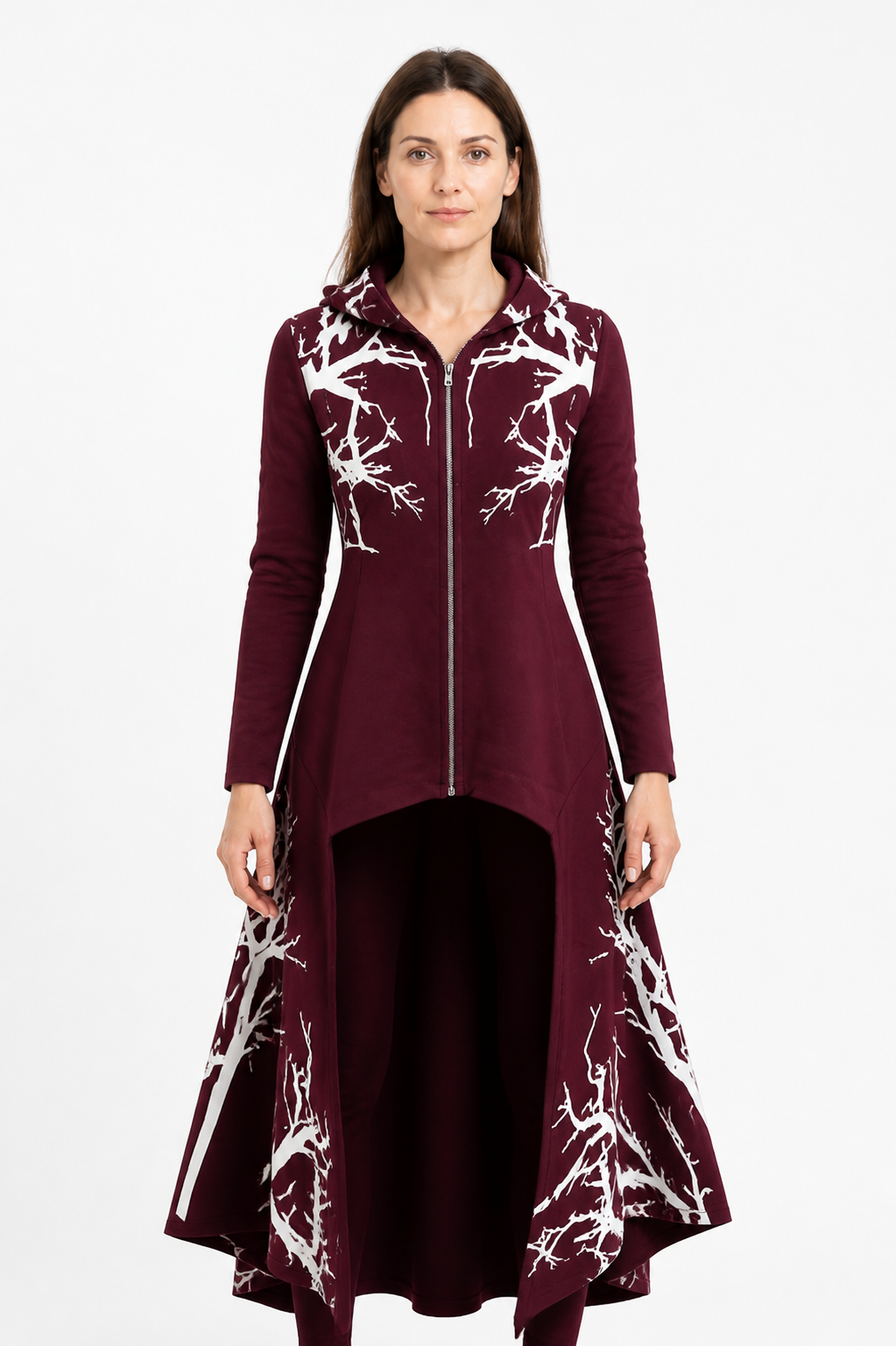 Wine-Colored Hooded Cloak with Branch Print for Halloween Costume Capes detail 3
