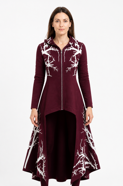 Wine-Colored Hooded Cloak with Branch Print for Halloween Costume Capes detail 3