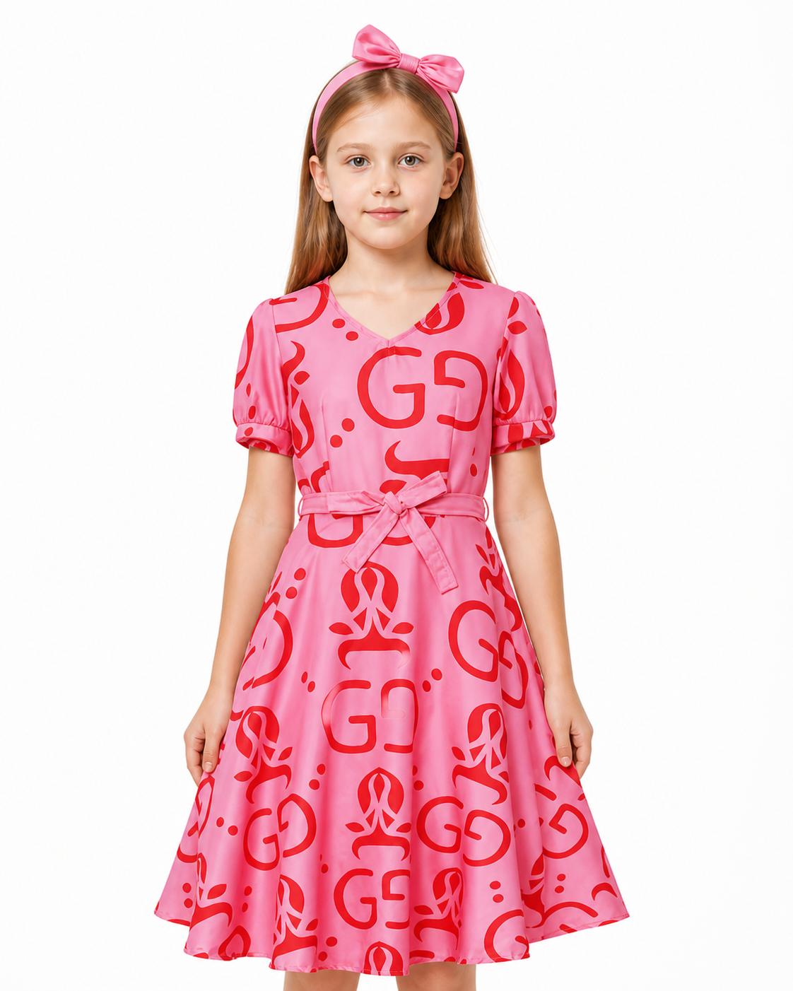 Children's Pink Dress with Red Print and Headband Costume Dresses detail 3