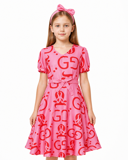 Children's Pink Dress with Red Print and Headband Costume Dresses detail 3