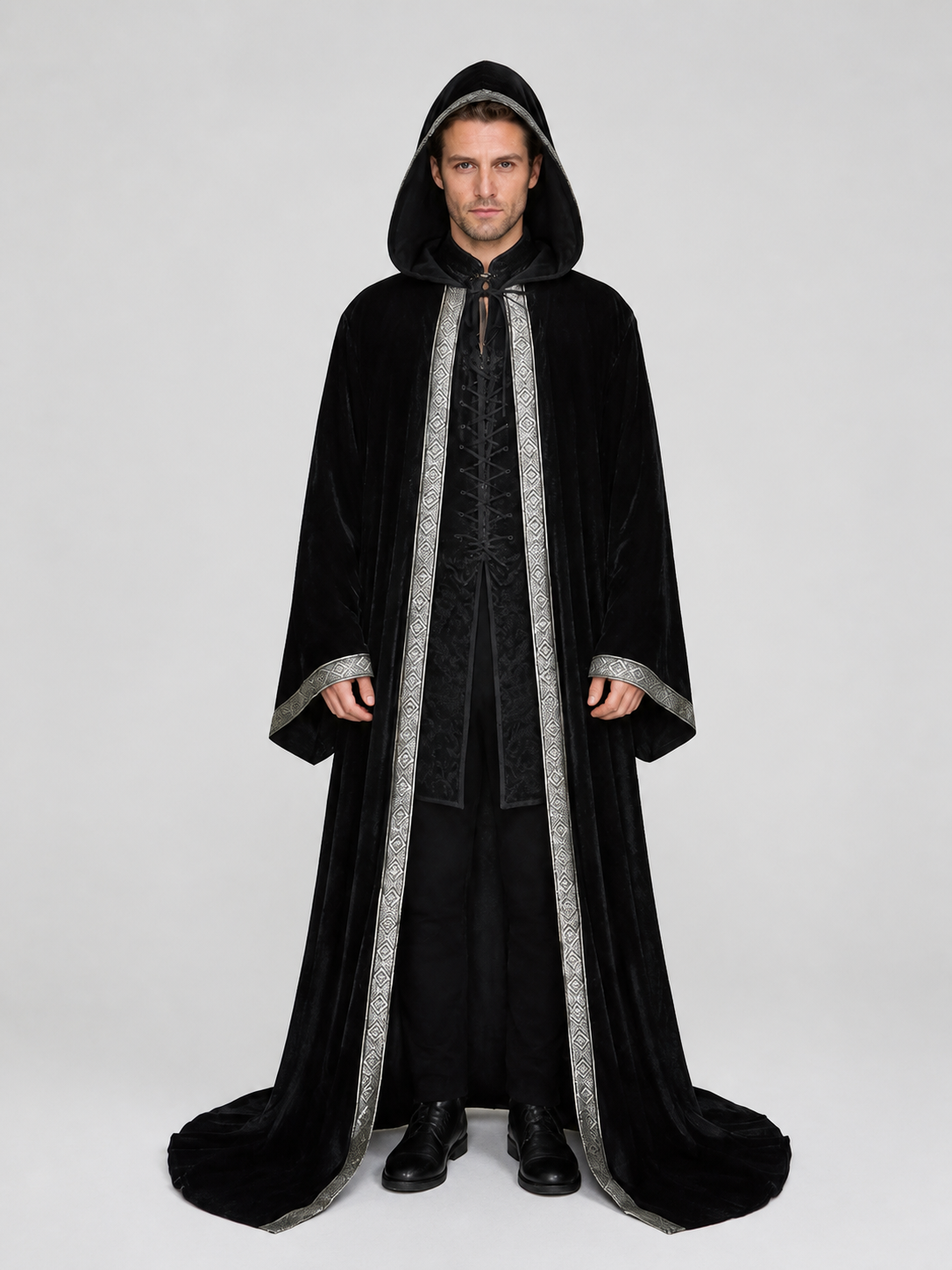 Black Hooded Halloween Cloak with Silver Trim