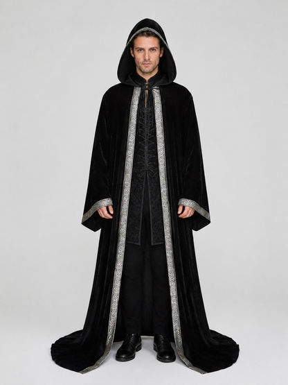 Black Hooded Halloween Cloak with Silver Trim