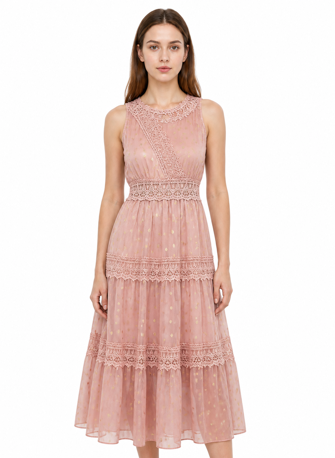 Long Pink Dress with a V-Neckline and Lace Costume Dresses detail 3