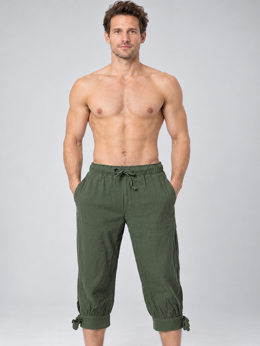 Olive Loose 7/8 Capri Pants with Drawstring and Pockets