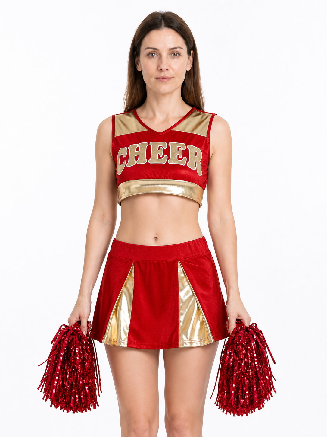 Red Cheerleading Set with Top, Skirt, and Pom-Poms upper body view