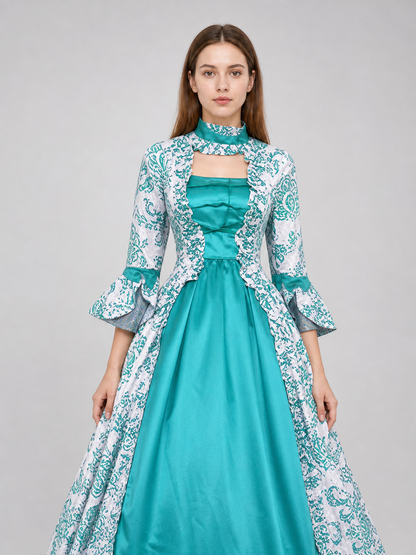 Long Dress with an Ornamental Pattern and Flared Sleeves