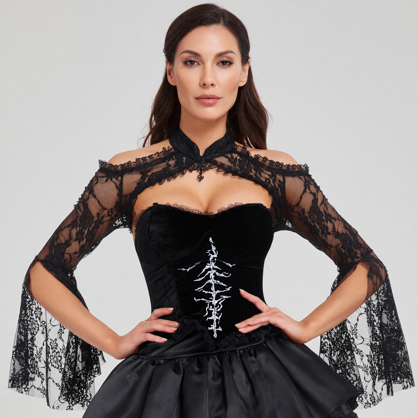 Gothic Dress with Lace and White Skeleton Print