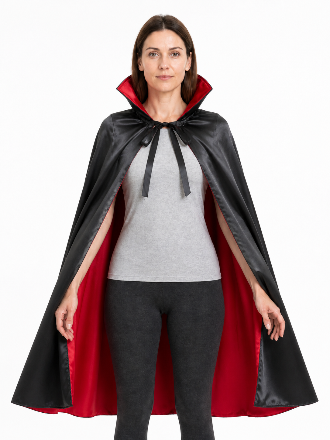 Long black hooded cape with red lining Costume Capes detail 3