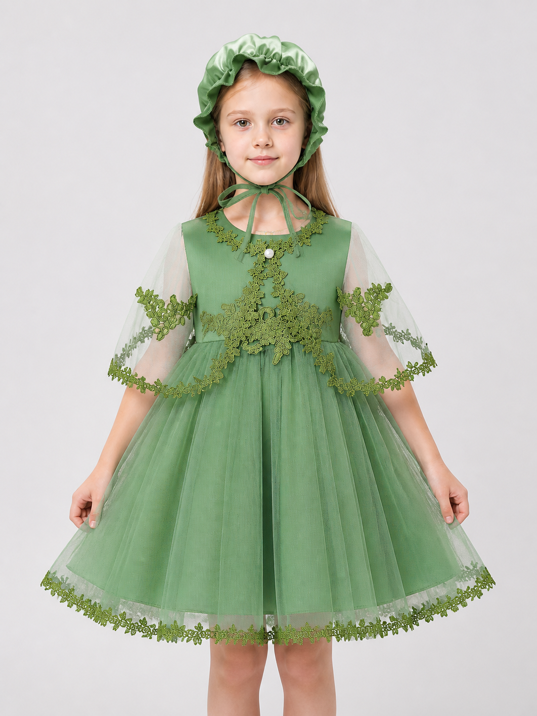Dress Set with Hat, Green, Tulle Costume Dresses detail 3