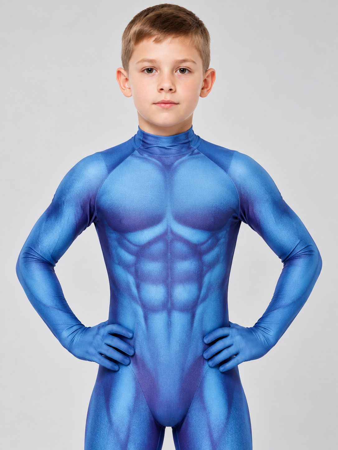 Blue Fitted Cosplay Bodysuit with Muscle Print