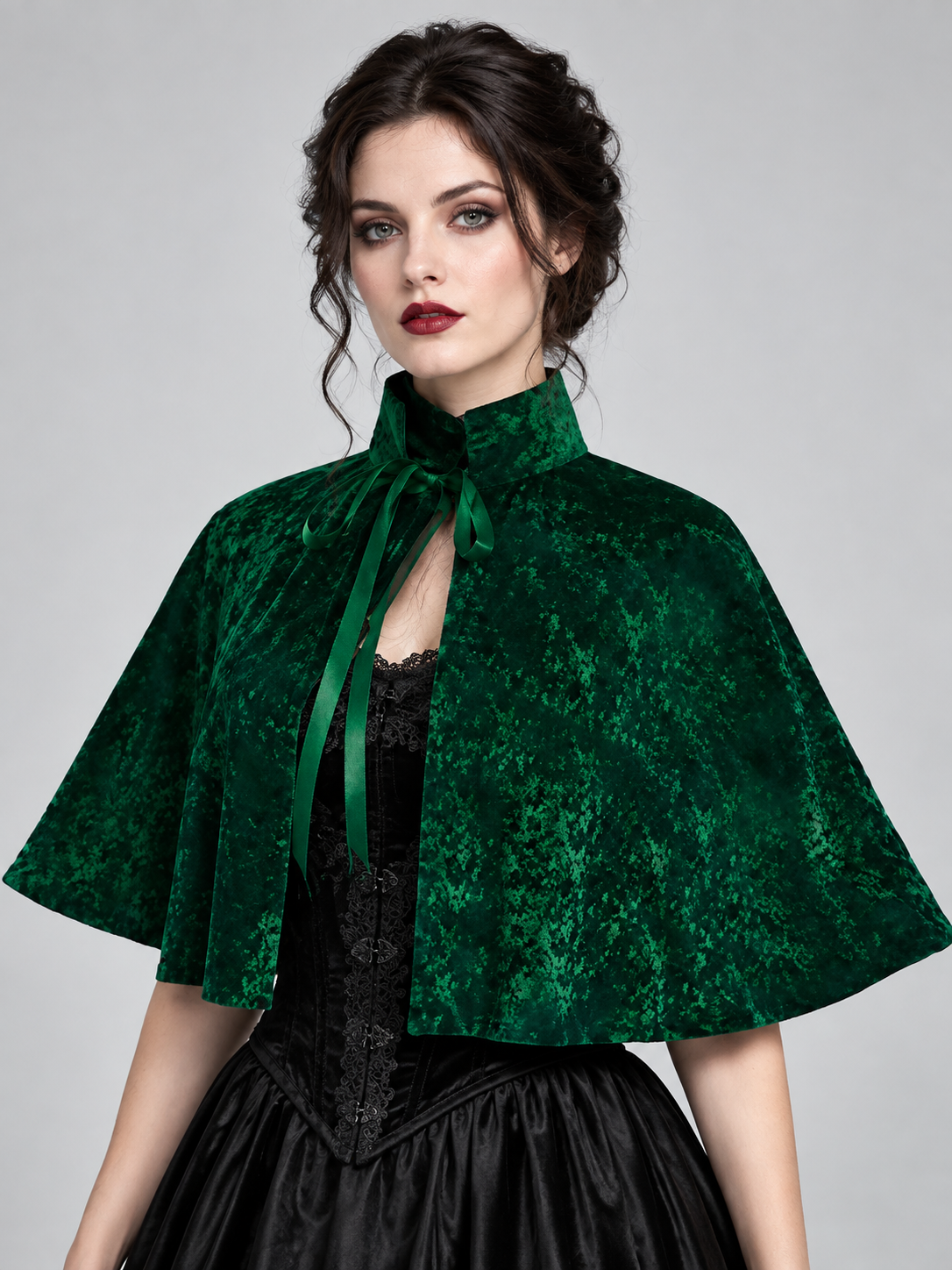 Green Velvet Capelet with Stand Collar