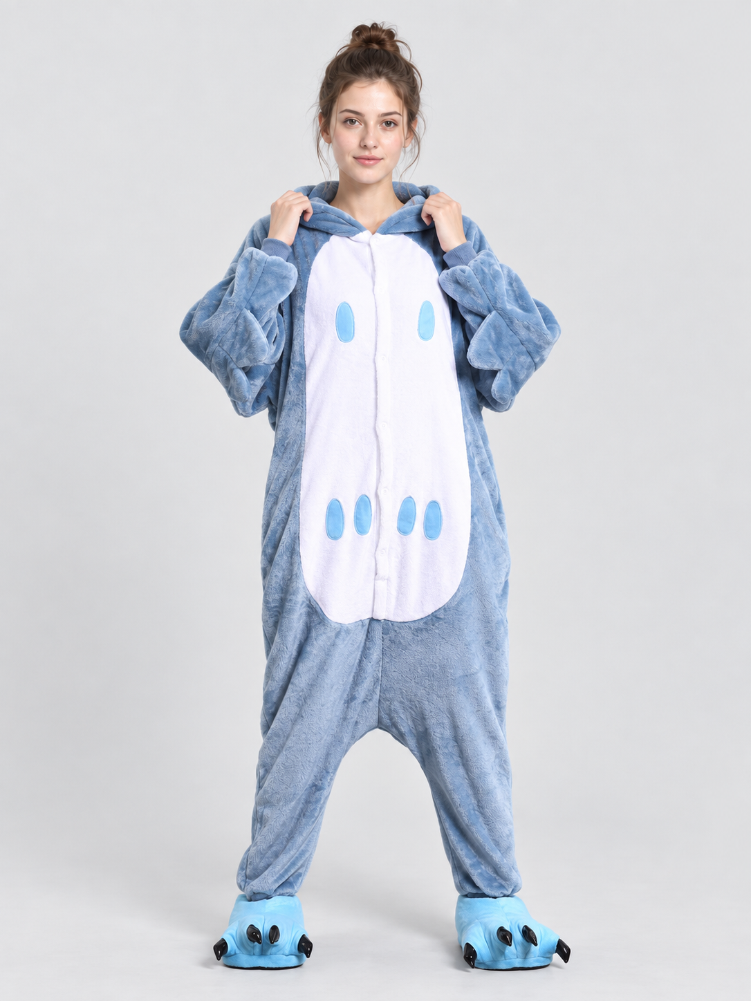Gray-Blue Flannel Hooded Pajama Jumpsuit