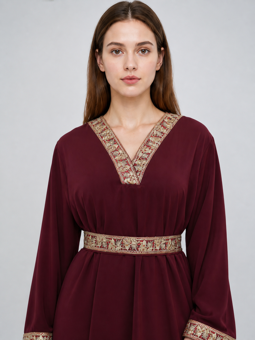 Wine-Burgundy Maxi Dress with Belt and Embroidery Costume Dresses detail 2