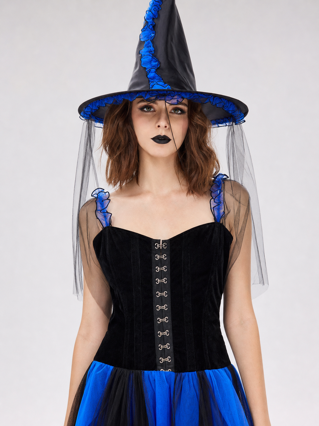 Halloween witch costume with hat and veil