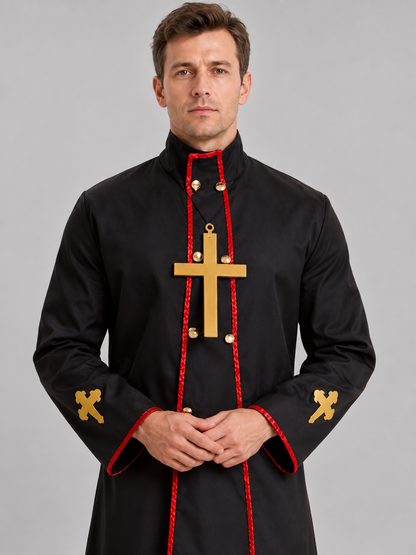 Long Cassock with Red Trim and Gold-Tone Crosses product detail 2