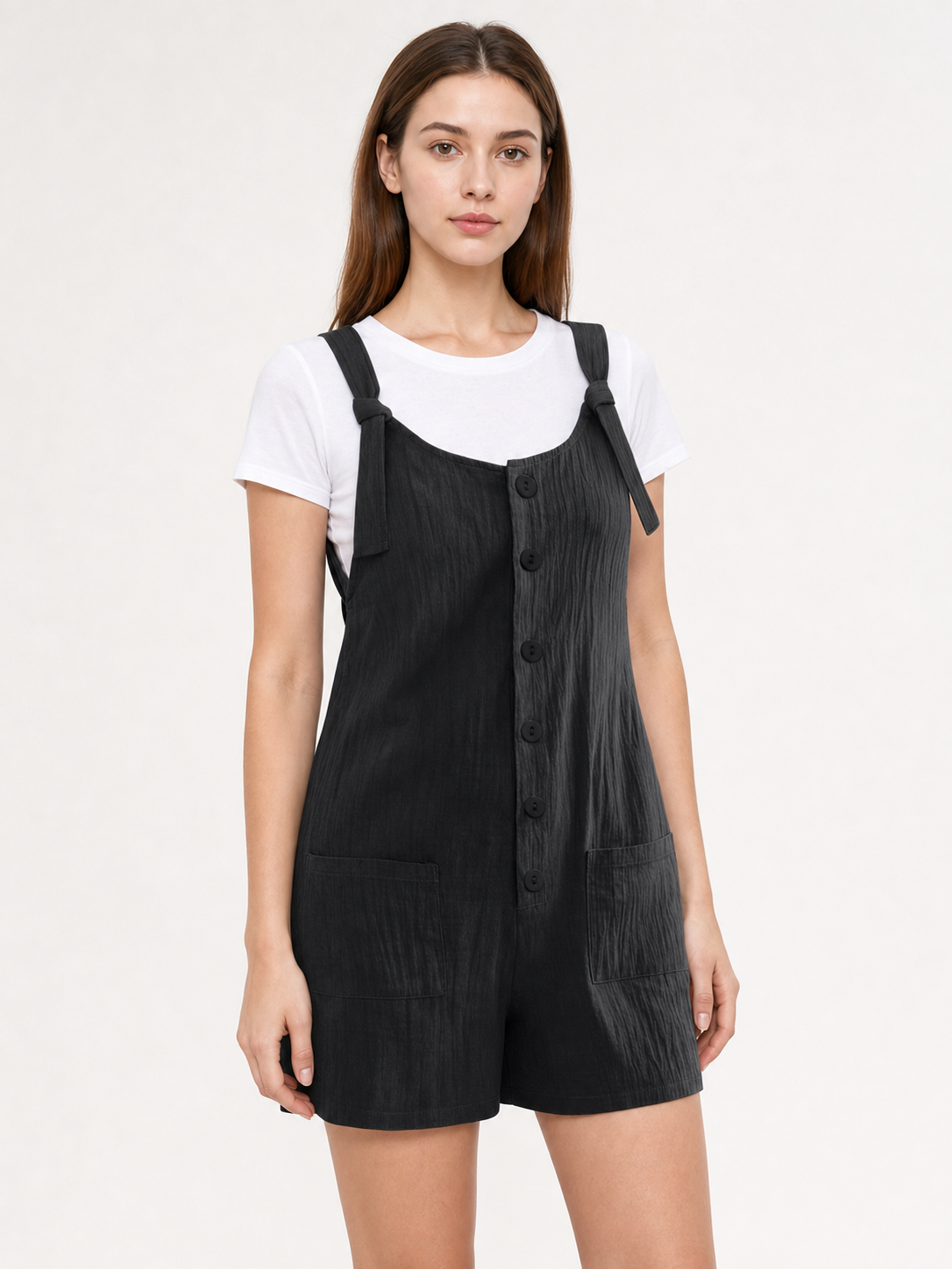 Black button-front bib shorts with pockets product view 17