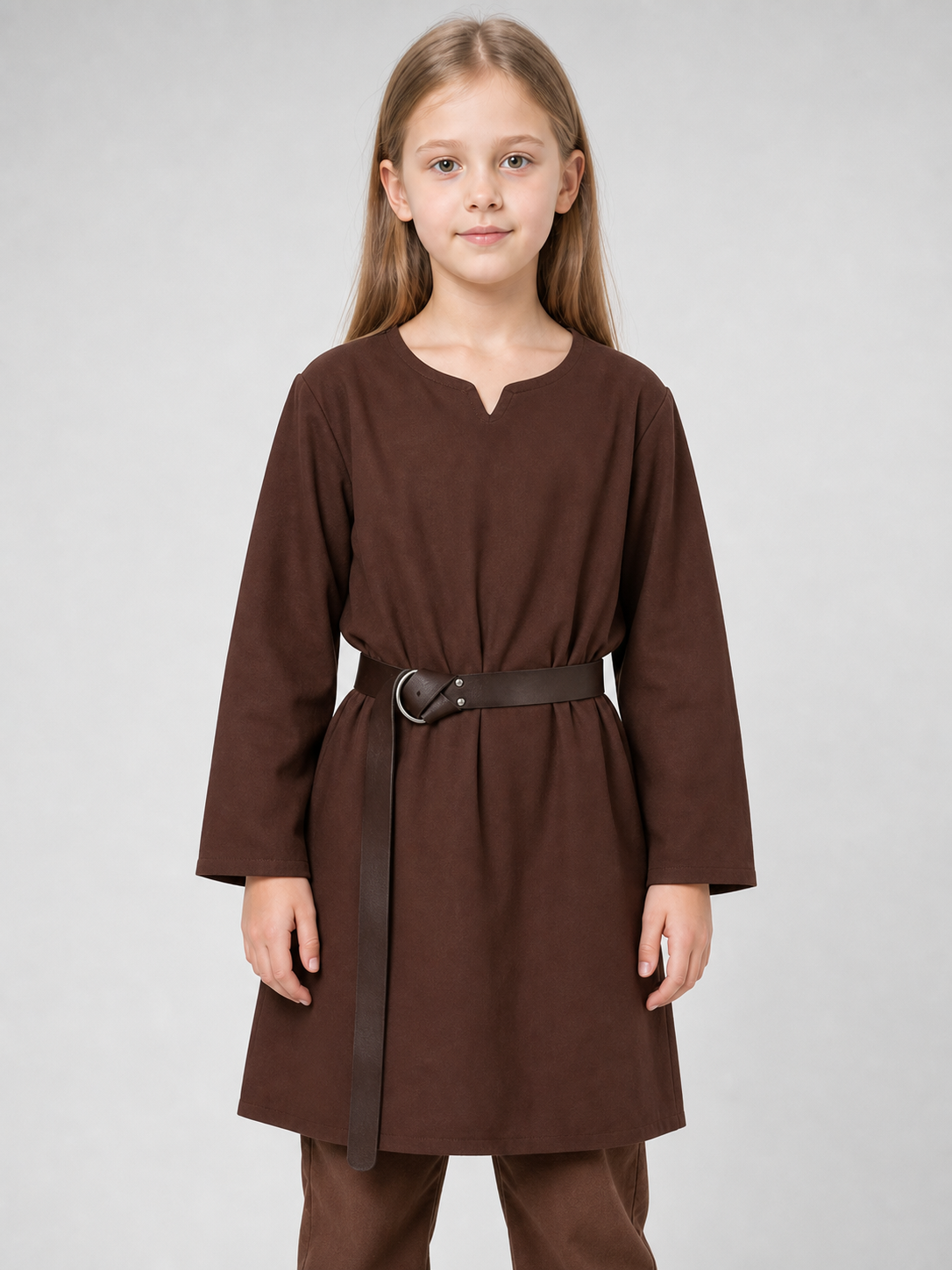 Close front view of a child wearing a brown tunic with a notched neckline, belt, and matching pants