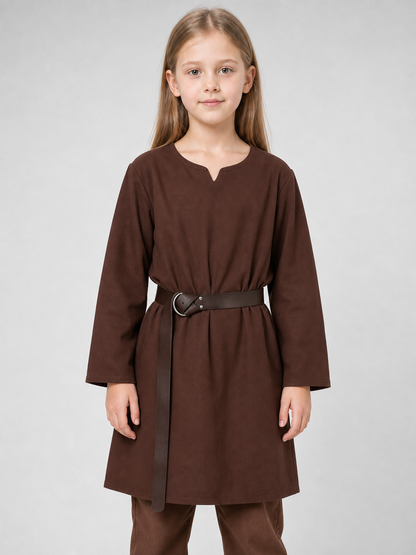 Close front view of a child wearing a brown tunic with a notched neckline, belt, and matching pants