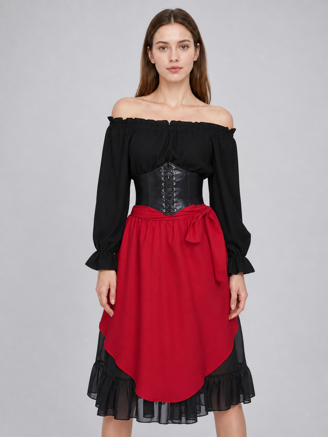 Theatrical pirate costume set with accessories. The two-color design in black