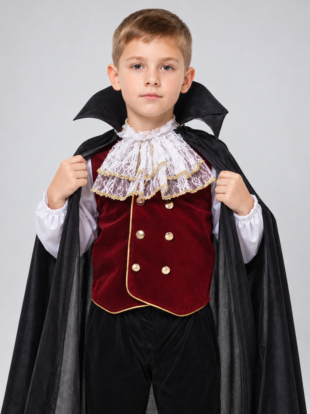 Kids' Vampire Costume with Black Cape and Jabot