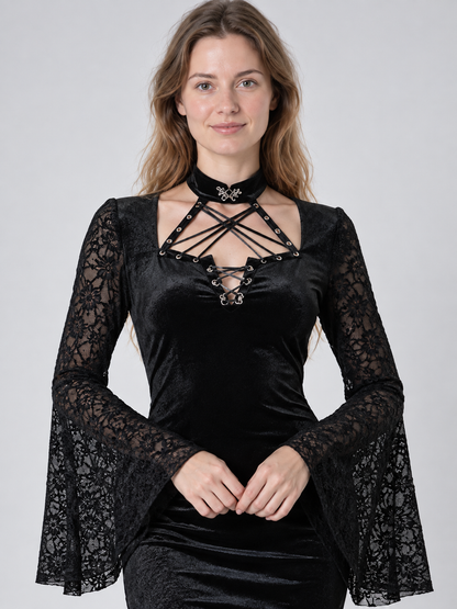 Gothic Black Lace Dress with High Slit