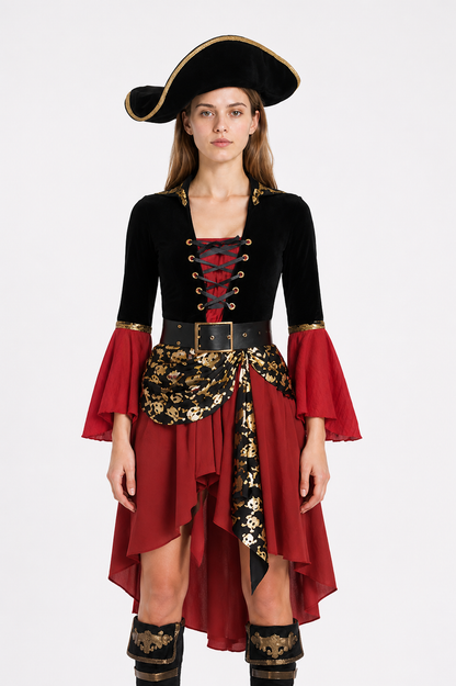 Pirate Costume with Gold Skull and Wine-Colored Skirt Costumes detail 3