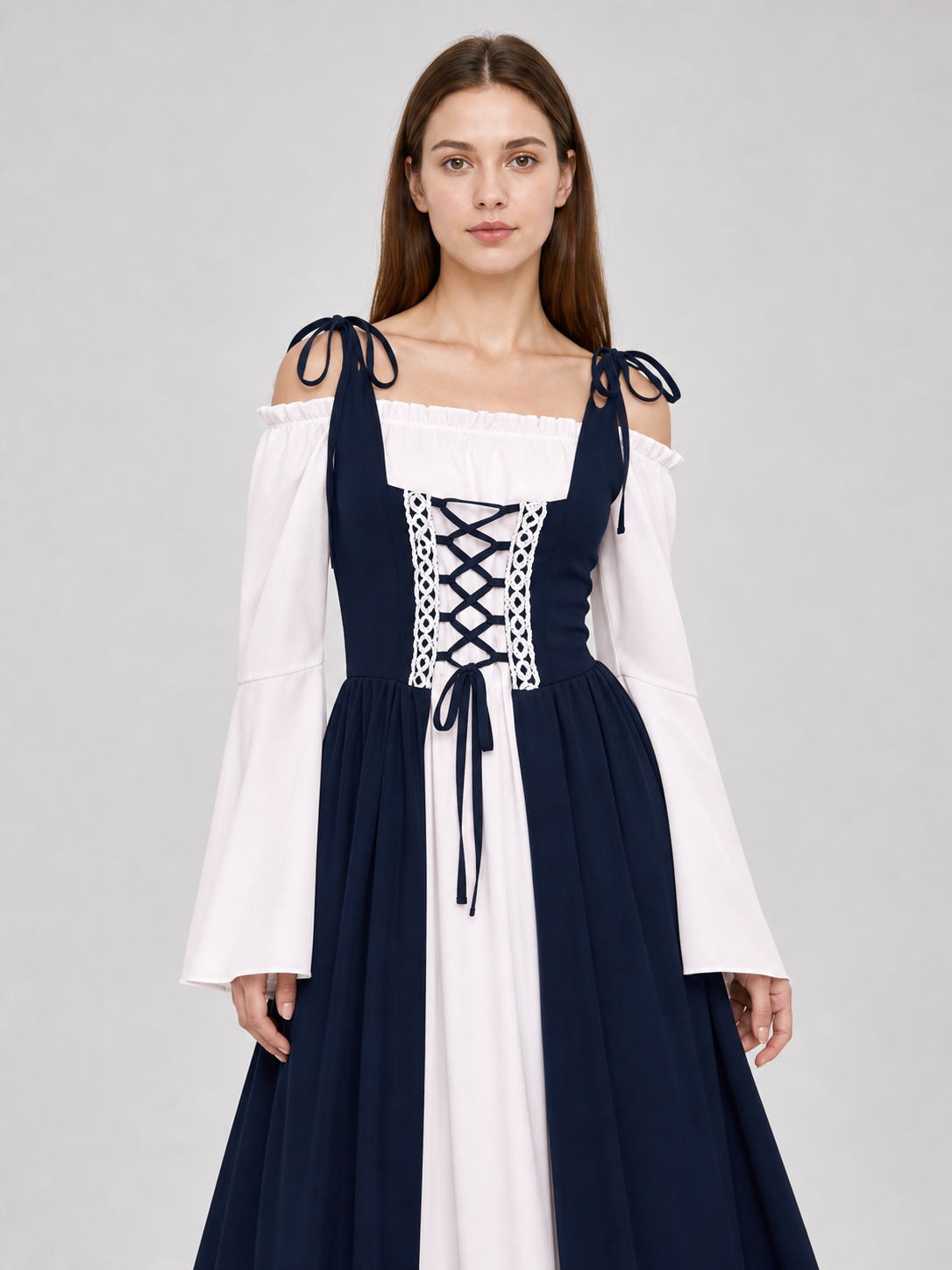 Renaissance-style dress with corset lacing and wide sleeves